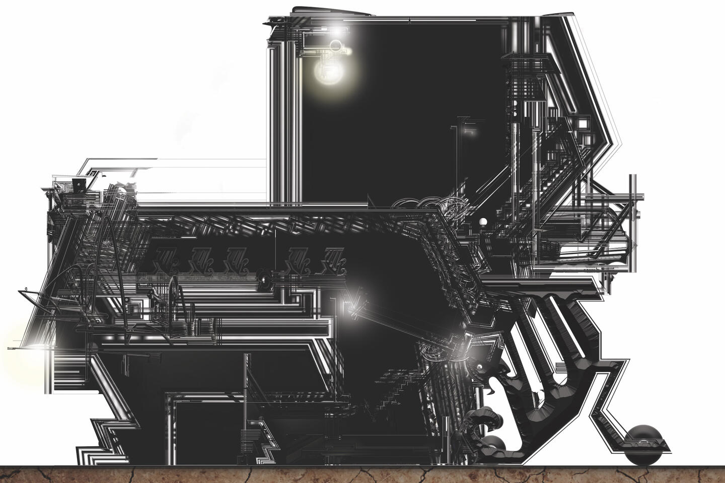 Including the factory where the buckinghoarses are made, all of the imagery originates from within a fraction of the original 2" section of line work.